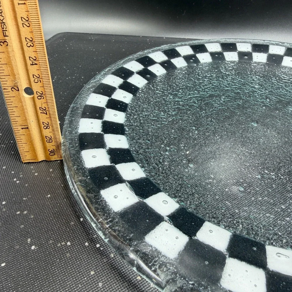 Peggy Karr Fused Glass Platter Black‎ White Checkerboard Apple Serving Tray 11